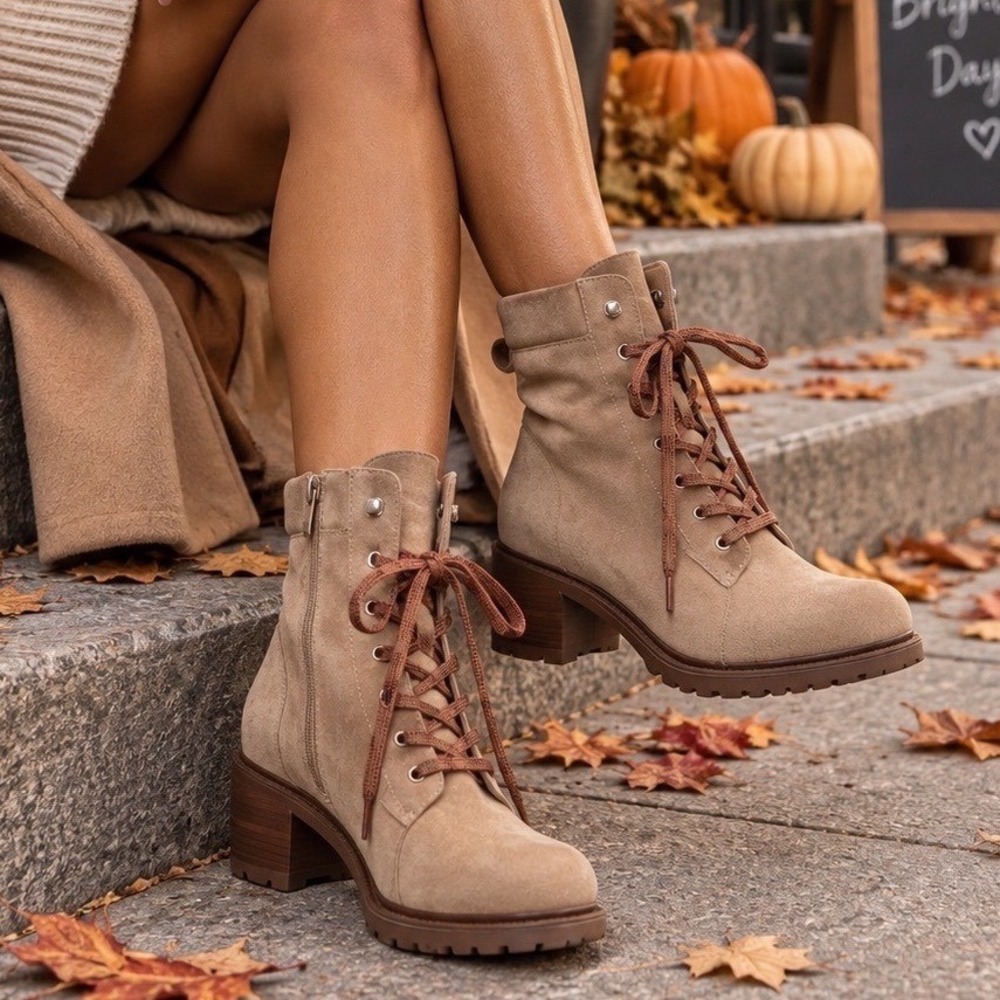 Vince Camuto Gaviana Tan Suede Lace Up Lug Sole Combat Boots Size 9M 40